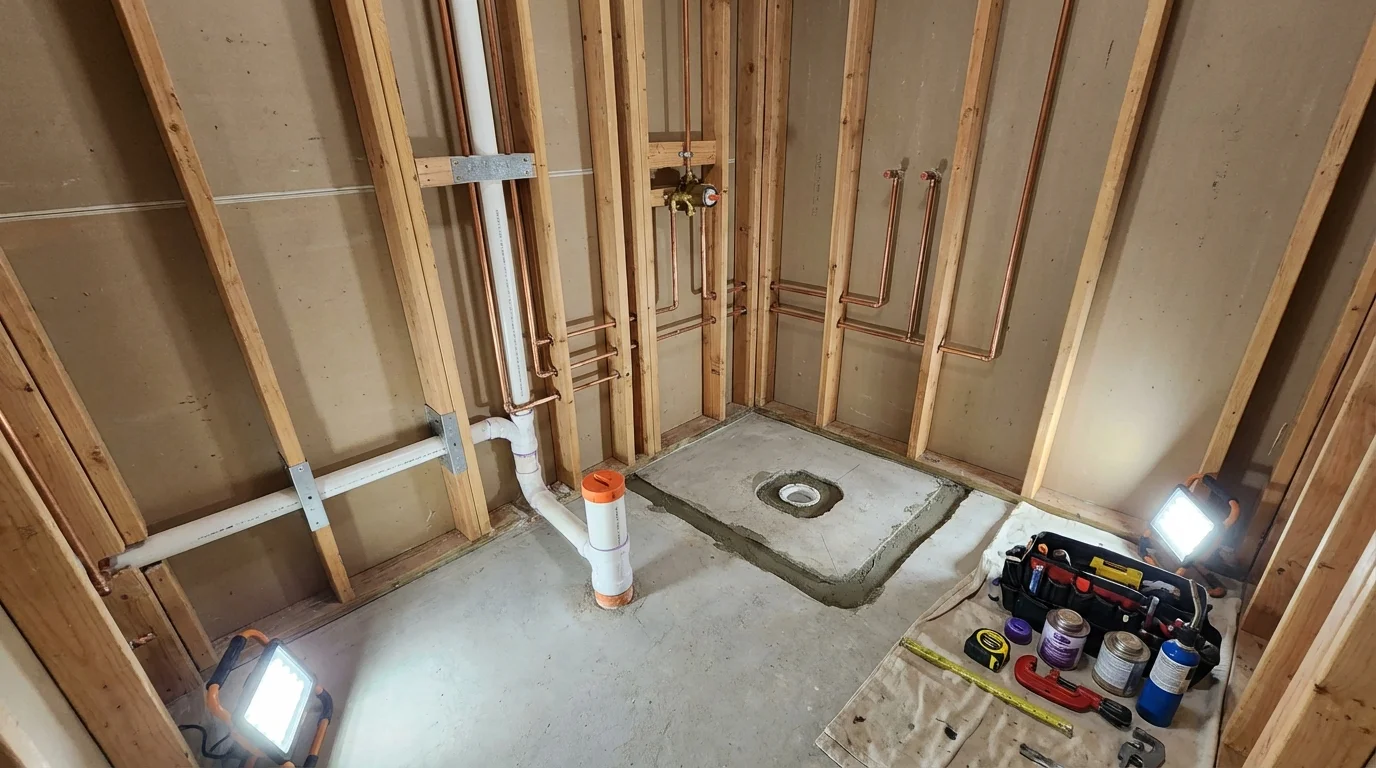 Bathroom rough-in plumbing during remodel by Johns Plumbing LLC in New Matamoras