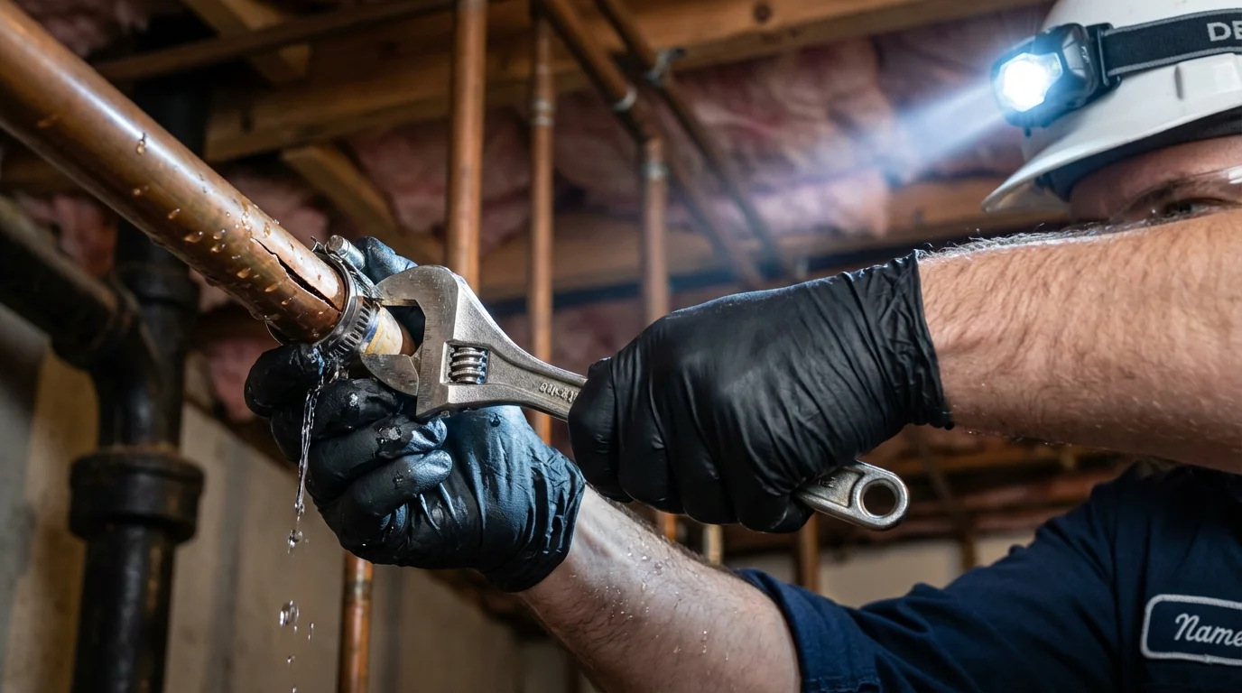 Emergency pipe clamp repair being performed by a Johns Plumbing LLC plumber in New Matamoras