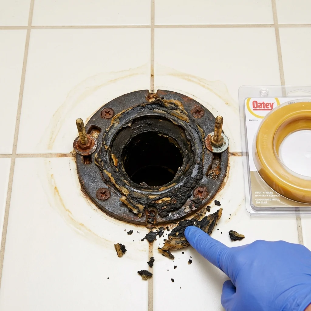 Failed wax ring showing water seepage at the base of a toilet in a New Matamoras, OH home