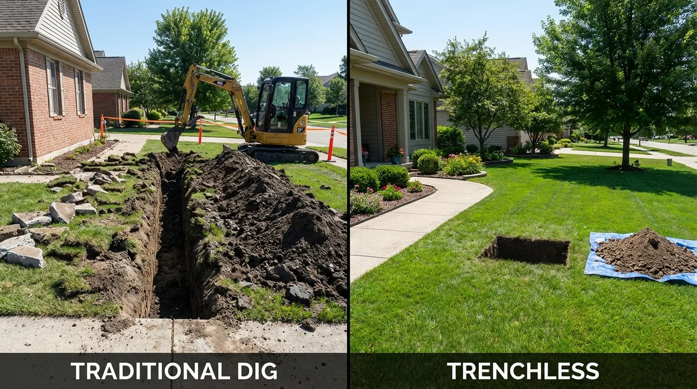 Trenchless sewer repair with minimal yard damage versus traditional excavation in New Matamoras, OH