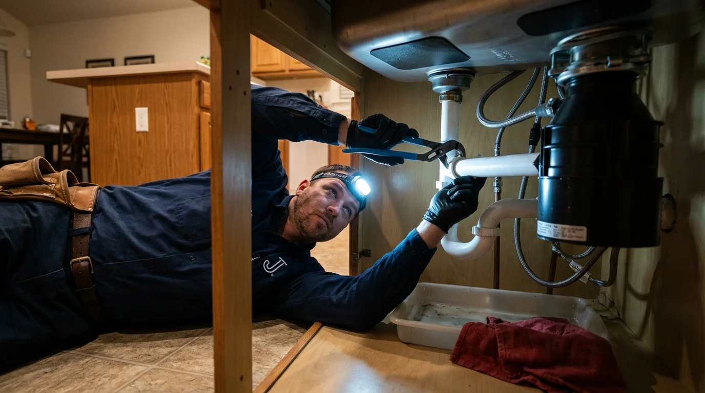 P-trap and supply line connections under a kitchen sink showing a common leak point in New Matamoras, OH